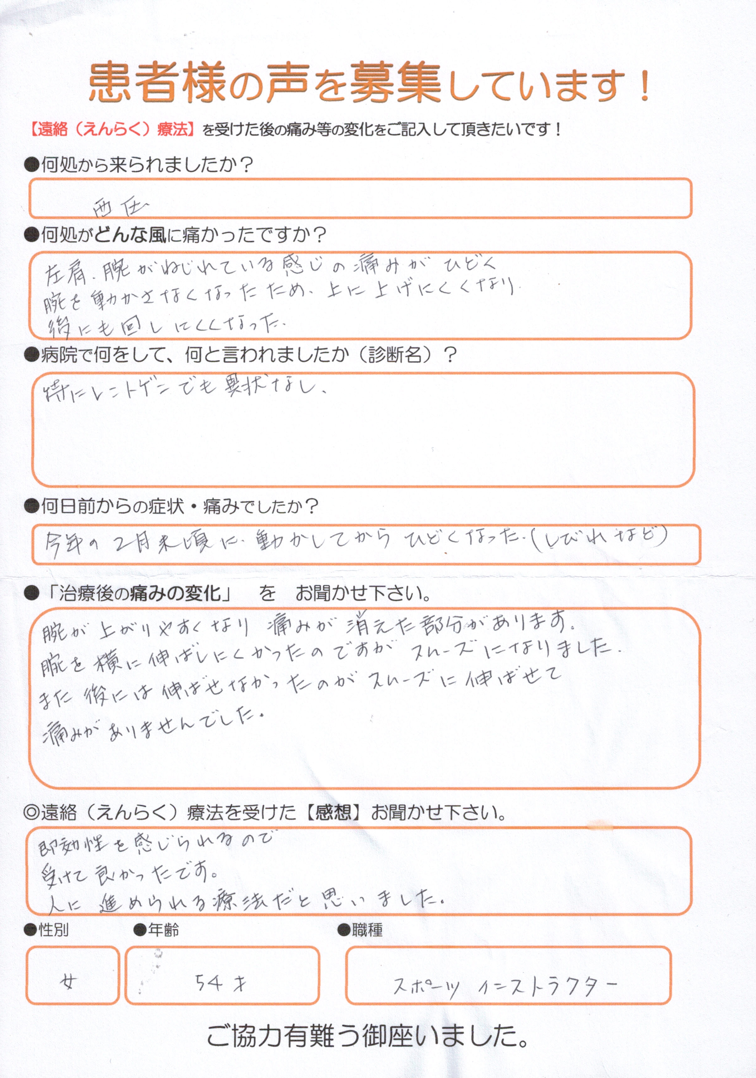 肩のねじれている感じの痛み、しびれ、可動域制限